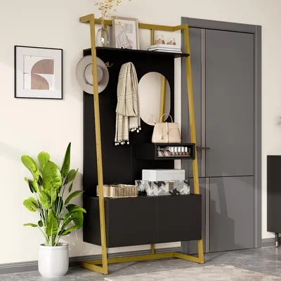 Image de OKWISH Vestiaire d’Entrée Moderne Tout-en-Un avec Armoire 2 Portes et Étagères à Chaussures, Structure en Métal et Panneaux de Particules, Noir