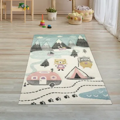 Obrázek produktu pro Koberec do dětského pokoje - Medvědi v kempu - krémově modrý Velikost - 80 x 150 cm