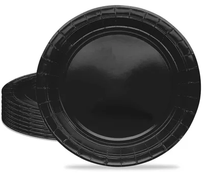 Zdjęcie produktu dla Talerze papierowe, 16 sztuk, czarne, średnica 18 cm, okrągłe, do serwowania deserów, idealne na imprezy