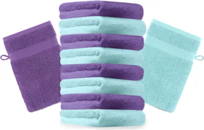 Produktbild von Betz 10 Stück Waschhandschuhe 16x21 cm PREMIUM 100% Baumwolle  Farbe: lila und türkis