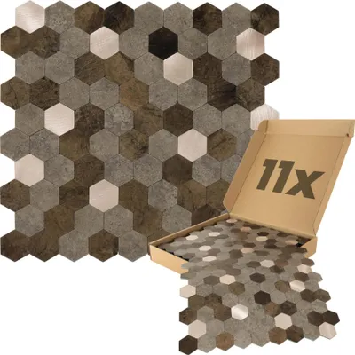 Produktbild von Dalsys Wandpaneele selbstklebend, Hexagon Muster  0,88m², 11 Stück Braun Mix Gold Wandverkleidung feuchtigskeitsbeständig,  für Bad und Küche