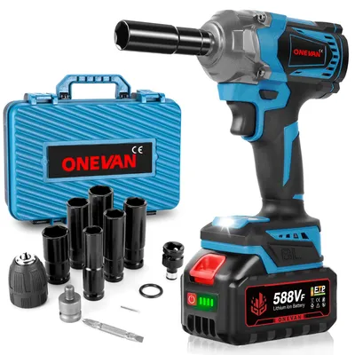 A cordless impact wrench kit with various sockets and accessories, laid out on a white background.