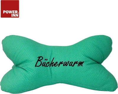 Produktbild von POWER INN Leseknochen | Bestickt | Türkis "Bücherwurm" | Nackenkissen | Reisekissen