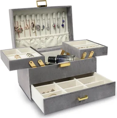 Image de Boîte à bijoux en velours Grande pour femme avec 1 tiroir Gris