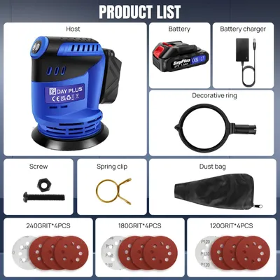 Immagine prodotto di Levigatrice orbitale a batteria - 21 V, 3 velocità (7000–11000 oscillazioni al minuto) - disco abrasivo da 125 mm - sacchetto raccoglipolvere - ideale per la lucidatura e la rimozione della vernice