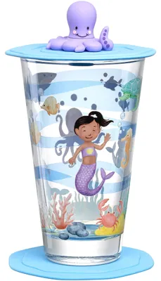 Kinderglas-Set 3-tlg. mit Deckel, Motiv Meer, 300 ml, spülmaschinengeeignet