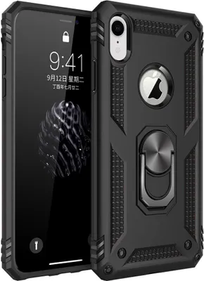 Produktbild von LaimTop iPhone XR Hülle, Hybrid Robuste Rüstung Drehbarer Ring Halter Ständer Dual Layer Hard PC + TPU Stoßfest Schutzhülle für iPhone XR Schwarz