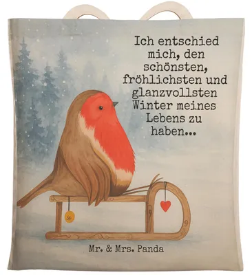 Produktbild von Mr. & Mrs. Panda Tote Bag Rotkehlchen Schlitten Design - Weiß - Geschenk, Stoffbeutel, Vogel, Beutel, Tasche, Weihnachten, shopping, Einkaufstasche
