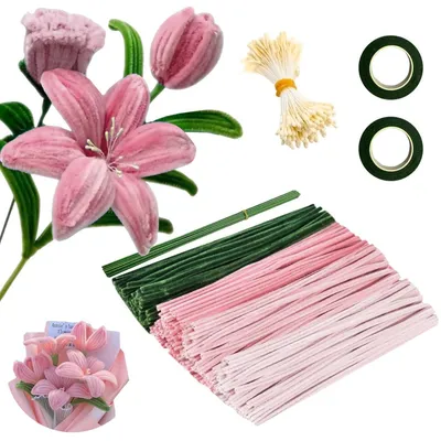 Produktbild von Pfeifenreiniger Bastelset Blumen 420 Stück Rosa & 4 Farben mit 20 Grün Basteldraht & Staubgefäßen