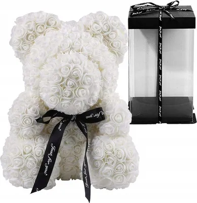 Produktbild von Große weiße Rose Teddybär - 40 cm + Geschenk-Box mit Schleife