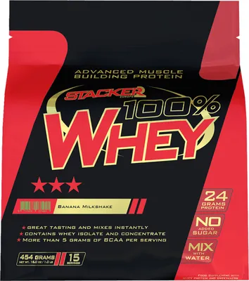 Produktbild von Stacker2 100% Whey (454g) Banana Milkshake - Eiweiße - Molkenprotein-Mischung