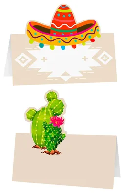 Imagen del producto de 6 tarjetas para mesa con motivos de cactus y sombrero, 8 x 8 cm. Tema: México. Talla única