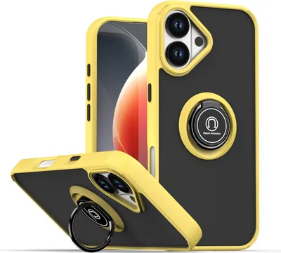 Produktbild von Hülle für iPhone 17 Matte Transluzent TPU Stoßfest Schutzhülle mit Ring Halter Ständer Gelb