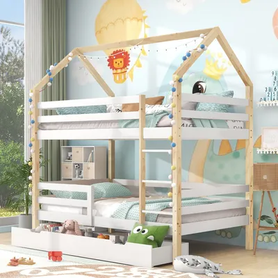A child's bedroom with a bunk bed decorated with fairy lights and cartoon characters on the wall.
