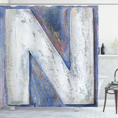 Immagine prodotto di ABAKUHAUS Lettera N Tenda da doccia, lettere maiuscole deteriorate Simbolo Alfabeto Tipografia Vintage Retrò Sfondo, 175 x 200 cm, Viola Blu Bianco