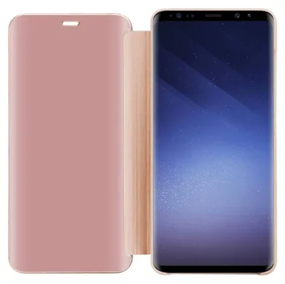 A pink flip case for a smartphone is shown open, revealing the phone's screen.