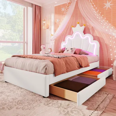 Produktbild von Abrihome Polsterbett Kinderbett 90x200 cm mit LED und 2 Schubladen, Prinzessinnenbett Kronenförmiges Kopfteil, PU, Weiß