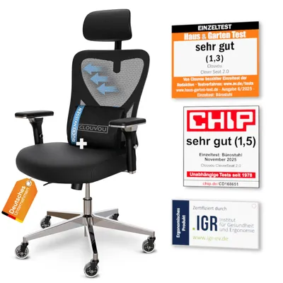 Produktbild von CLOUVOU CleverSeat Bürostuhl Ergonomisch Schreibtischstuhl Höhenverstellbar, 4D-Armlehne, 3D-Kopfstütze, + Rückenkissen [Nr.1 in Preis-Leistung]