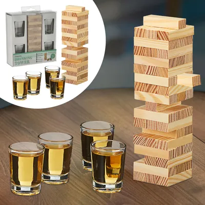 Produktbild von Trinkspiel Drunking Tower Partyspiel Holzturm 48 Steine 4 Schnapsgläser Wackelturm