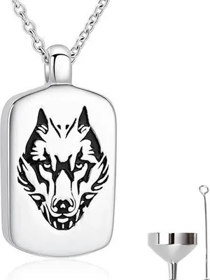 Immagine prodotto di Ciondolo per cenere con catena (55 cm) per ceneri, capelli o profumo - Gioielli commemorativi - Incl. dispositivo per riempire la cenere e sacchetto di conservazione - Argento Wolf