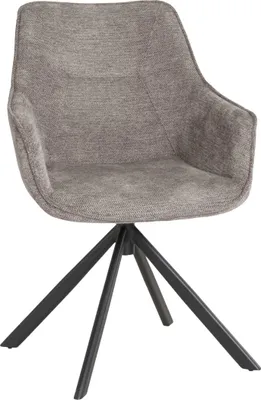 A gray upholstered chair with black metal legs.