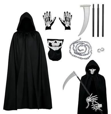 Produktbild von Sensenmann Kostüm Erwachsene, Halloween Umhang mit Totenkopfmaske, Grusel Outfit