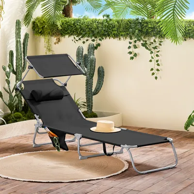 Produktbild von SoBuy Sonnenliege mit Sonnendach und Kopfkissen Auflage klappbare Gartenliege Relaxstuhl für Gärten, Höfe, Strände, Balkone Schwarz OGS48-SCH