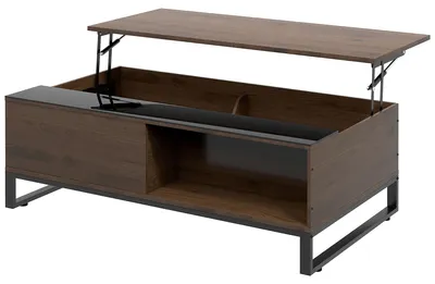 Image de Table basse pour salon, avec fonction relevable et espace de rangement, en panneaux de particules imitation noyer et en acier, finition noyer. | 24,8 kg | 102x58x35,5 cm