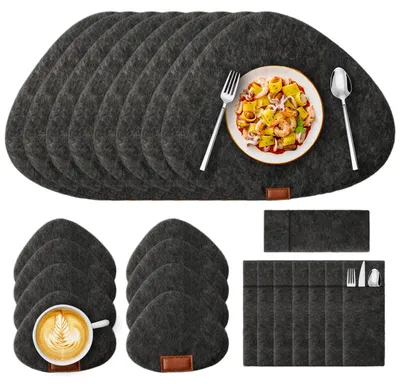 Filz-Tischsets, 8-teilig, oval, grau, 42x31 cm, abwaschbar