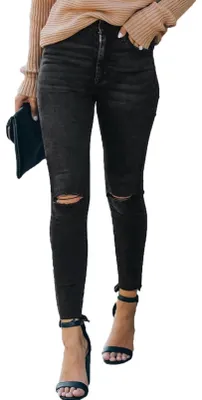 Image de Jean skinny taille haute pour femmes, effet délavé, déchirures, coupe ajustée