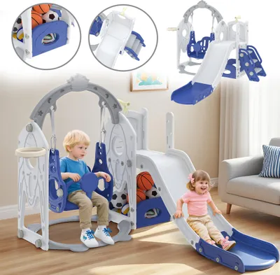 Produktbild von XINZI 6-in-1 Kinder Rutsche 1-3 Jahre, Babyrutsche mit Schaukel, Basketballkorb & Teleskop, Indoor/Outdoor Spielplatz mit Kletterleiter, Kunststoff