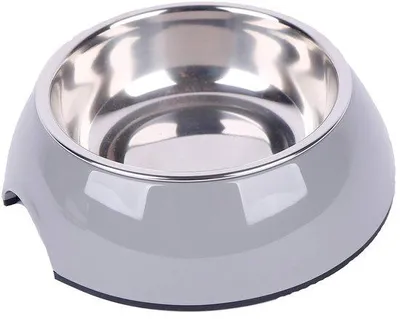 Produktbild von Dehner Lieblinge Hunde- und Katzennapf, Ø 17.5 cm, Höhe 5 cm, 350 ml, Melamin/Edelstahl/Gummi, grau