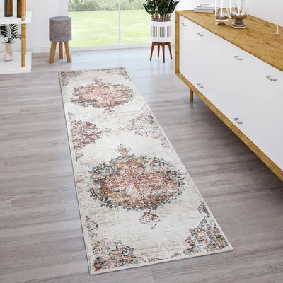 Image de Tapis salon à poils courts vintage moderne style oriental abstrait beige jaune bleu dimensions 60 x 100 cm