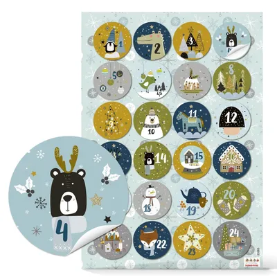 Produktbild von Adventskalender Zahlen Aufkleber für Kinder bunte Tiere Sticker Ø 4 cm