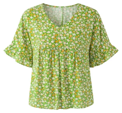 Produktbild von Bequem und locker geschnittene Damen Bluse grün mit Blumendruck, Größe L