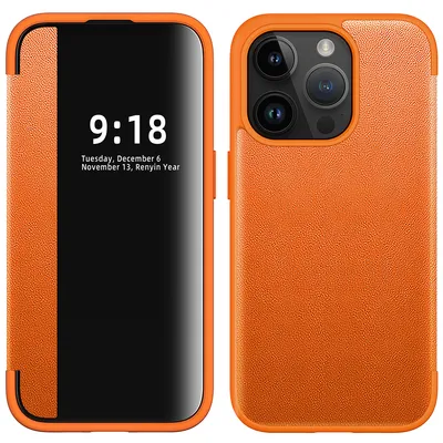 Obrázek produktu pro Pouzdro pro iPhone 15 Pro tenkéPolyuretankožené klopové pouzdro s okénkem pro zobrazení Pomerančový