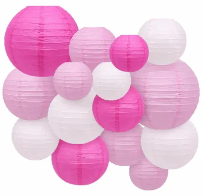 Papierlaternen-Set 15 Stück, rund, 15-30 cm, rosa-weiß