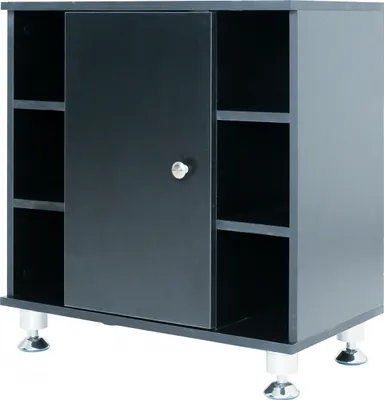 A black cabinet with shelves and a door, standing on silver legs.