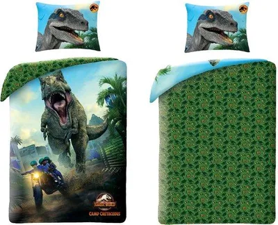 Obrázek produktu pro Sada povlečení Unyqoos® Jurassic World pro jednolůžko, rozměry 140×200 cm – povlak na polštář 63×63 cm, oboustranný, 100% polyester, oficiálně licencované