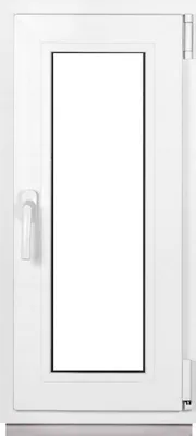 A white PVC casement window with a handle and hinges, shown against a white background.