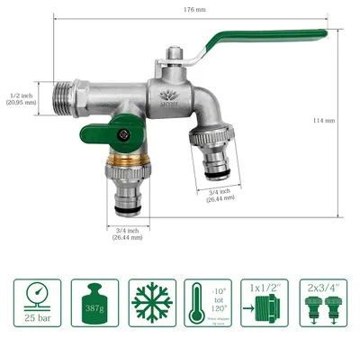 Imagen del producto de Grifo de latón doble, de 1/2 pulgada, resistente a la corrosión, para jardín y lavadora