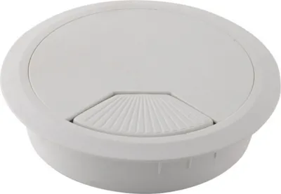 A white desk grommet with a fan-shaped opening for cable management.