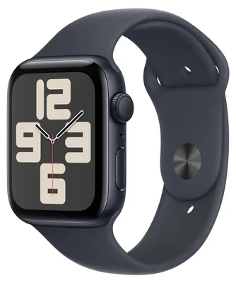 A close-up studio shot of an Apple Watch with a dark blue band and a dark gray watch case. The watch face displays a minimalist clock face with large numbers.