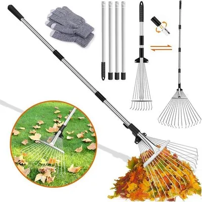Immagine prodotto di Rastrello da giardino con asta metallica regolabile da 2,15 m e guanti, rastrello da giardino con denti in metallo per la pulizia delle piante e del giardino