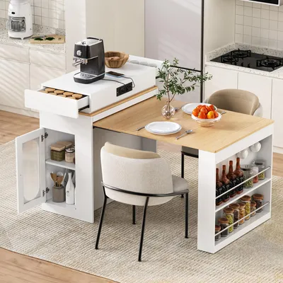 Produktbild von Merax Kücheninsel mit Rollen, Ausziehbarer Esstisch, Stauraum und Steckdosen, Flexibles Sideboard Servierwagen für Küche und Esszimmer, Weiß