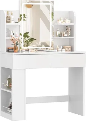 Immagine prodotto di Toeletta con 2 cassetti, 4 ripiani, illuminazione, 90 x 40 cm, bianca