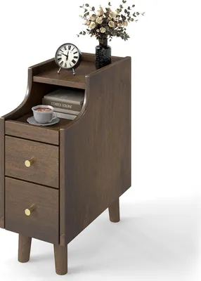 Image de COSTWAY Table de nuit étroite, Table d'appoint avec plateau coulissant et 2 tiroirs, Table de salon en bois, Table de chevet 20x41x50cm Marron