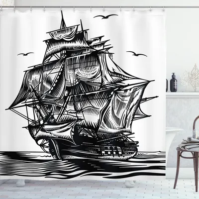 Zdjęcie produktu dla ABAKUHAUS Zasłona prysznicowa Piratenschiff, ilustracja w stylu marynistycznym przedstawiająca zabytkowy żaglowiec na egzotycznych wodach, 175 x 180 cm, biało-czarna