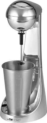 A silver Clatronic milkshake maker with a stainless steel cup.