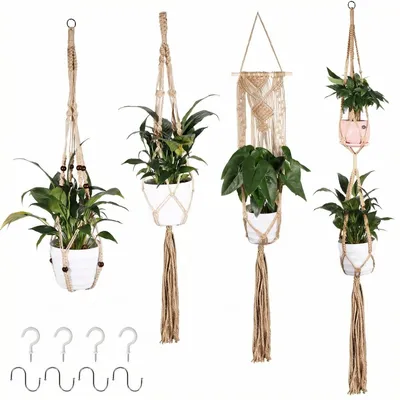 Image de Lot de 4 suspensions pour plantes en macramé, décoration bohème, suspensions en corde de coton avec crochets, pots de fleurs suspendus pour l'intérieur et l'extérieur, jardin, balcon, terrasse, fenêtre (marron)